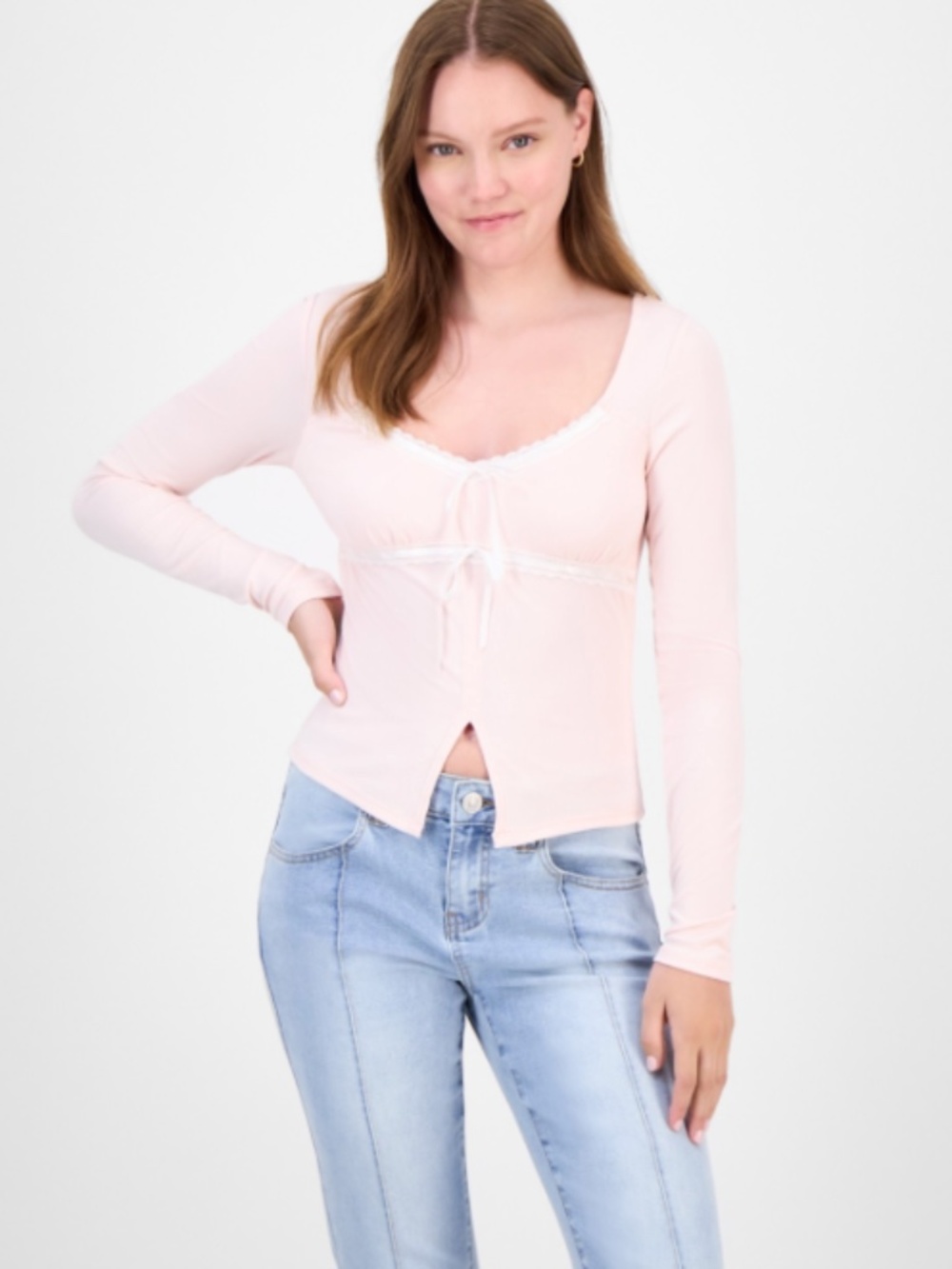 Just Polly Juniors' Lace-Trim Sweetheart-Neck Knit Top - Ballet Slipper